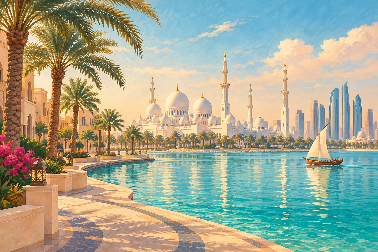 Illustrative Abu Dhabi waterfront scene with architecture and turquoise coastal water