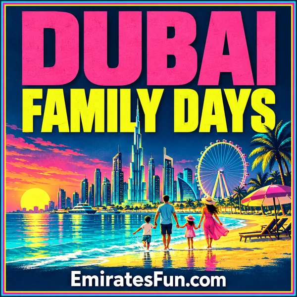 Dubai — Family Days: neon illustration of a family on a beach beside a Dubai-inspired skyline and observation wheel, branded EmiratesFun.com.
