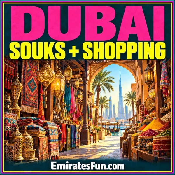 Dubai — Souks + Shopping: neon illustration of souk stalls with brass lanterns, textiles and spices, branded EmiratesFun.com.