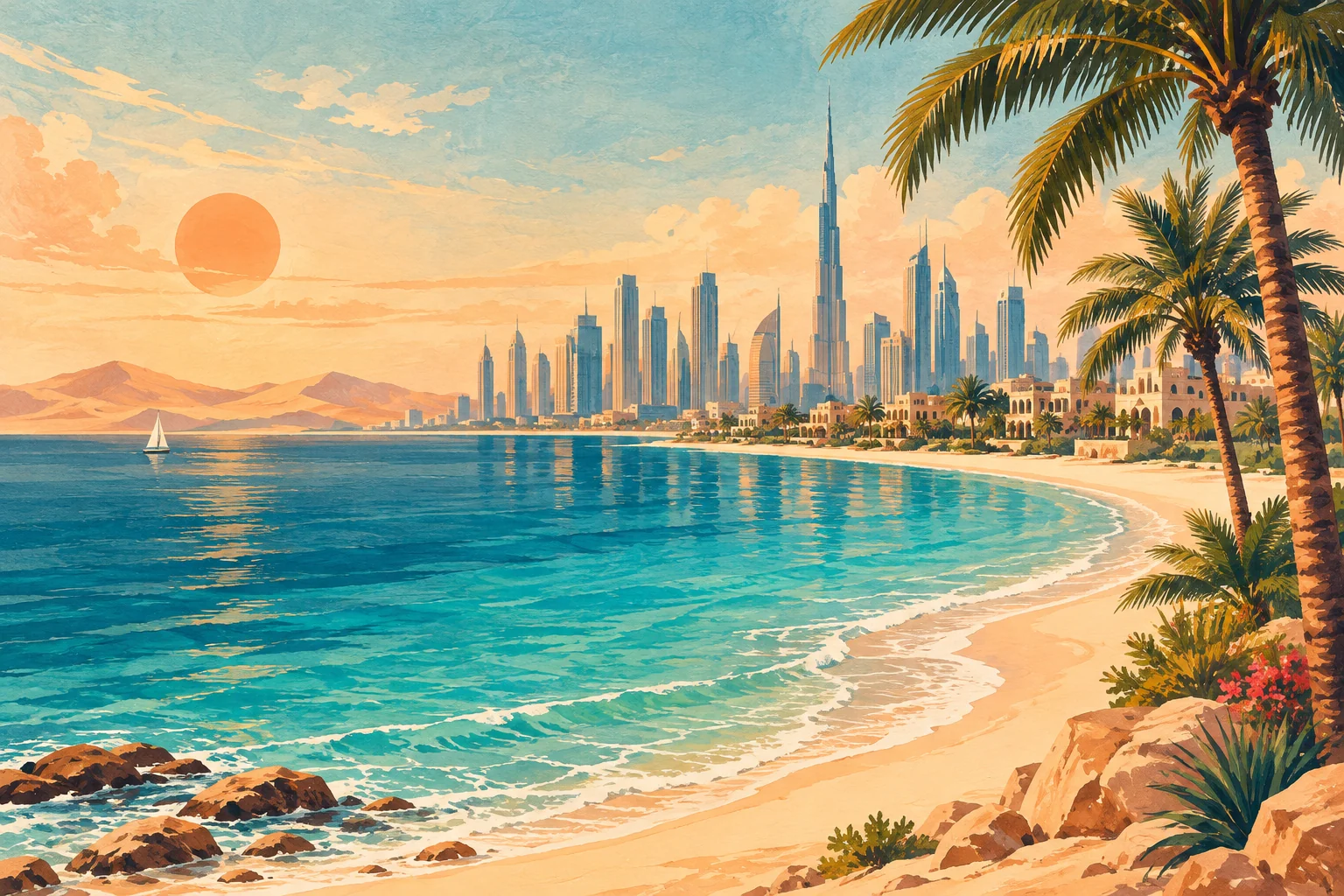 Travel illustration of a turquoise UAE coastline, Dubai-inspired skyline, palms and warm sand dunes.