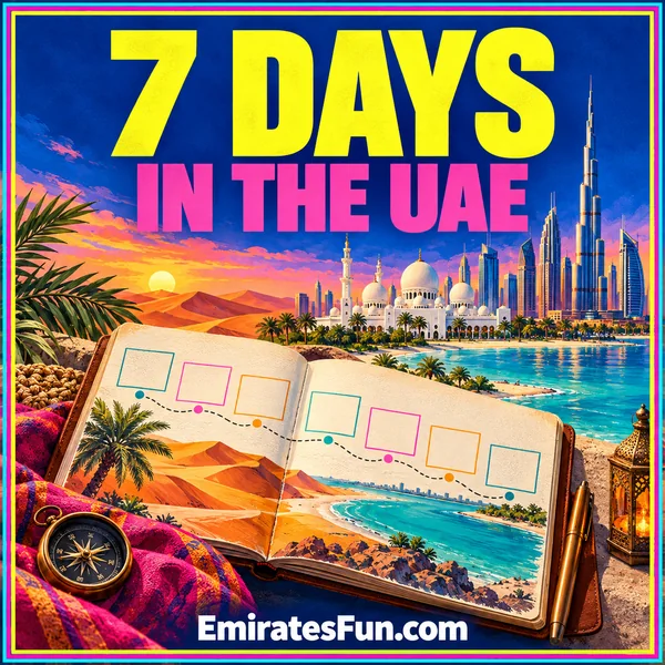 7 Days — In the UAE: neon illustration of a travel journal, dunes, white domes and a skyline, branded EmiratesFun.com.