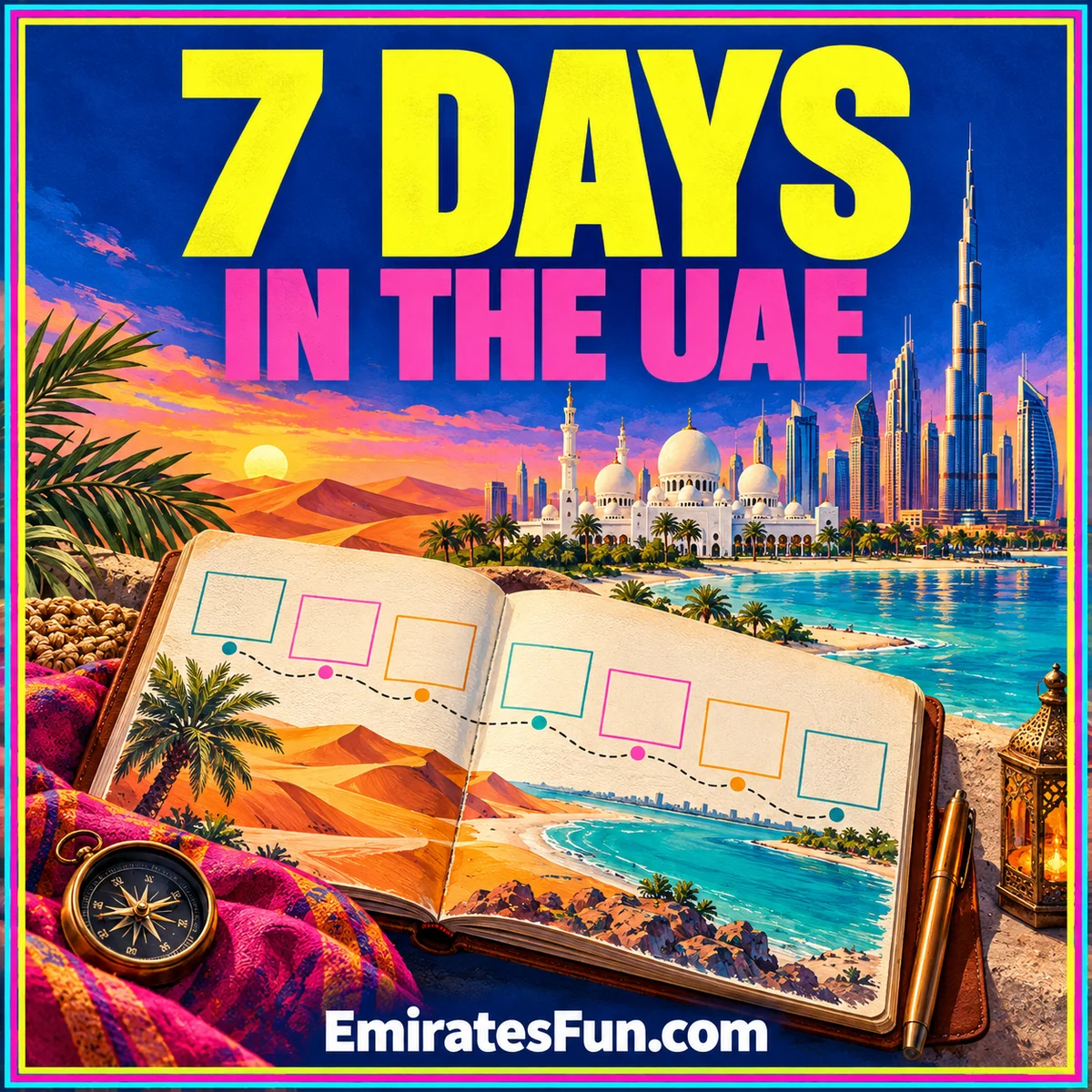 7 Days — In the UAE: neon illustration of a travel journal, dunes, white domes and a skyline, branded EmiratesFun.com.