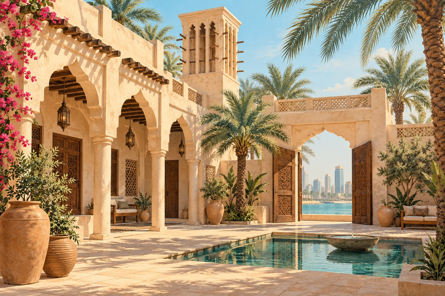 Illustrative Sharjah heritage scene with traditional architecture and a warm courtyard palette