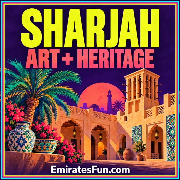 Sharjah — Art + Heritage: neon illustration of a traditional courtyard, wind tower and patterned ceramics, branded EmiratesFun.com.
