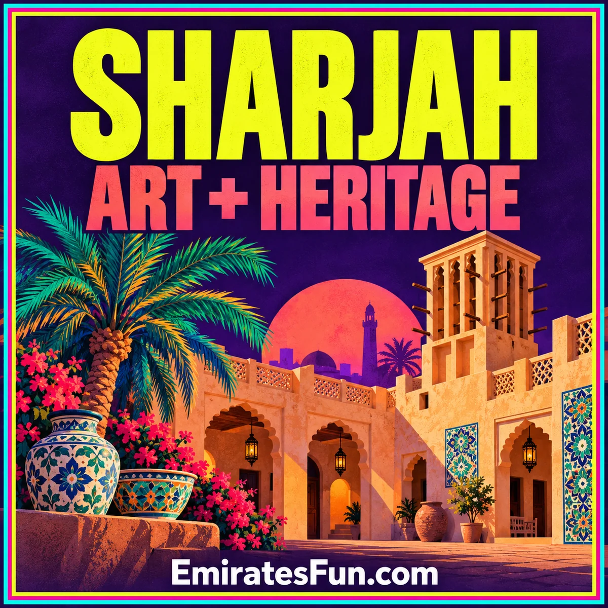 Sharjah — Art + Heritage: neon illustration of a traditional courtyard, wind tower and patterned ceramics, branded EmiratesFun.com.