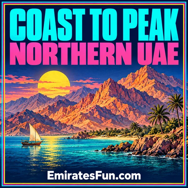 Coast to Peak — Northern UAE: neon illustration of Hajar-inspired mountains meeting turquoise coastal water, branded EmiratesFun.com.