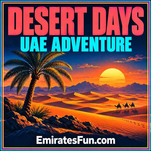 Desert Days — UAE Adventure: neon illustration of sunlit dunes, a camel caravan and a date palm, branded EmiratesFun.com.