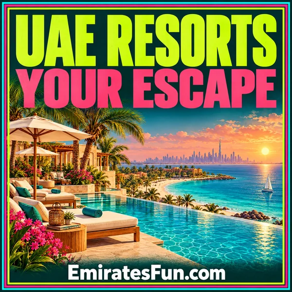 UAE Resorts — Your Escape: neon illustration of an imagined coastal resort with an infinity pool and palms, branded EmiratesFun.com.