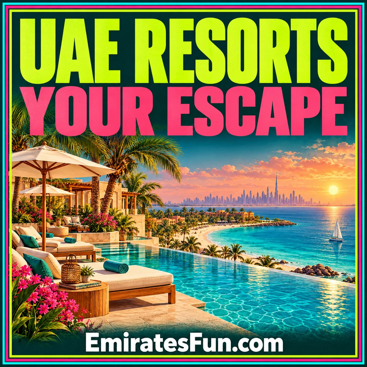 Illustrative UAE coastal resort artwork used to introduce Ajman holiday planning