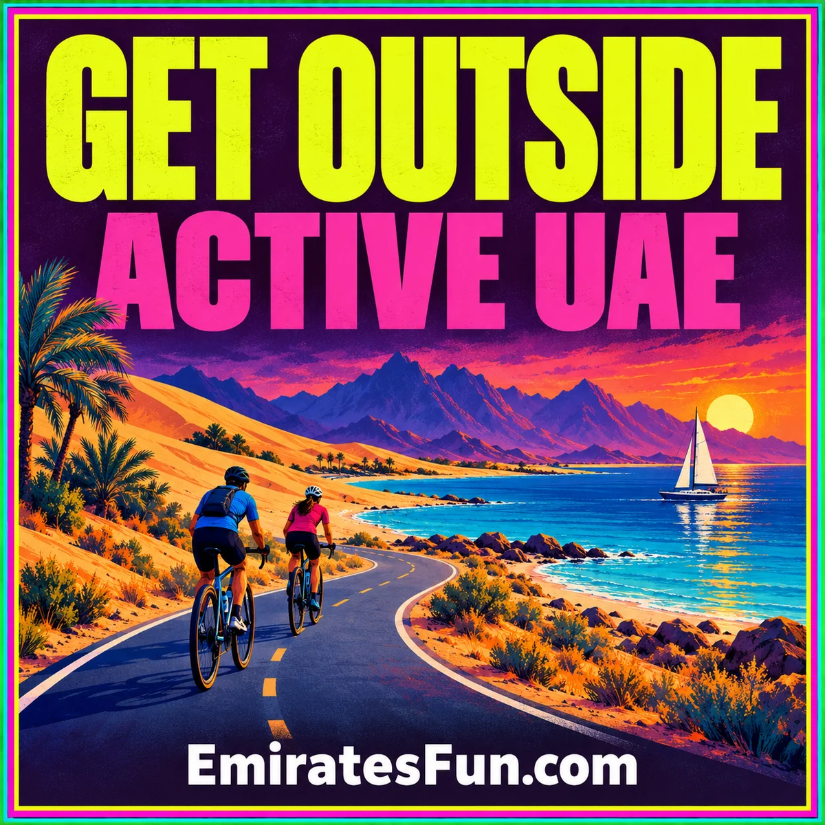 Illustrative UAE outdoor and coastal activity artwork used for Umm Al Quwain planning