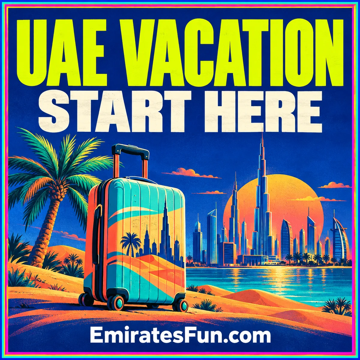 UAE Vacation — Start Here: neon travel illustration with a suitcase, palm tree, dunes and Dubai-inspired skyline, branded EmiratesFun.com.